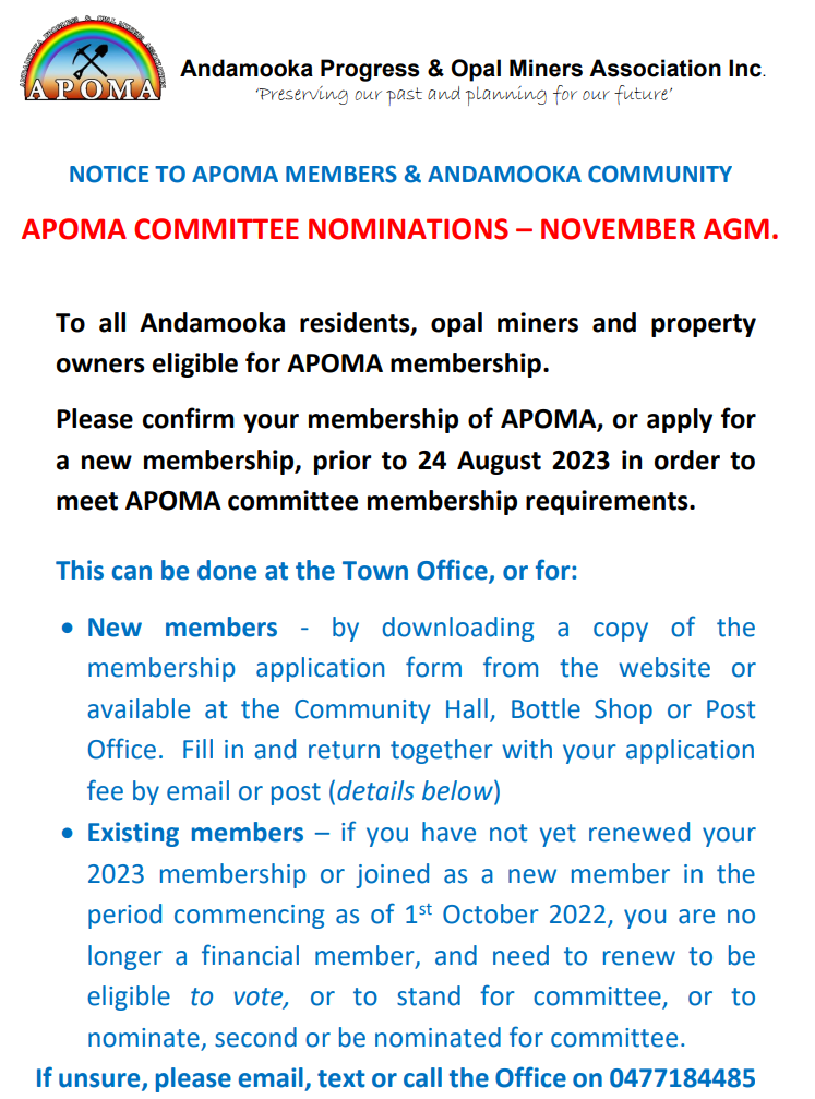 Notice to APOMA Members and Andamooka Community