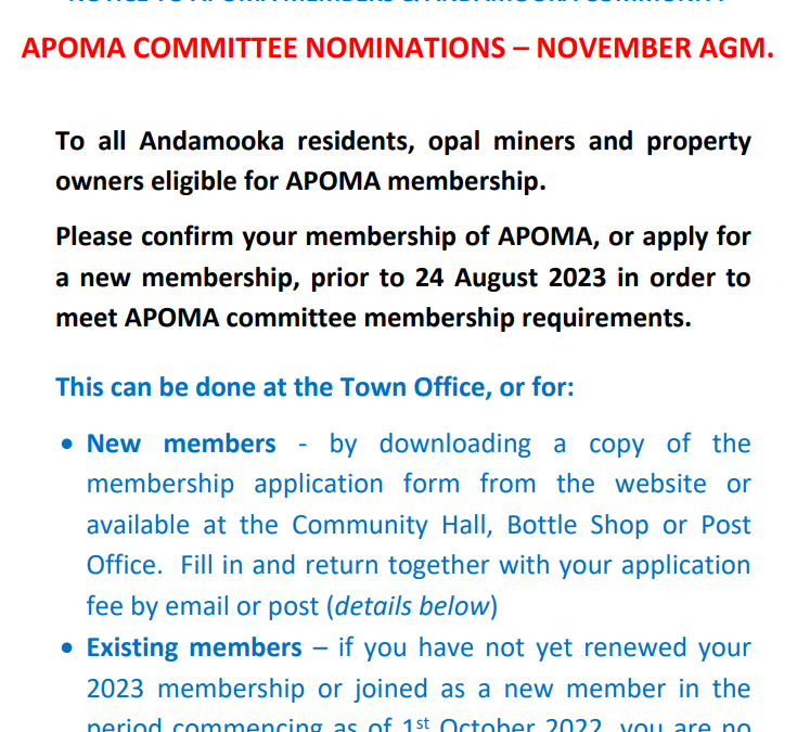 APOMA committee nominations November 2023 AGM